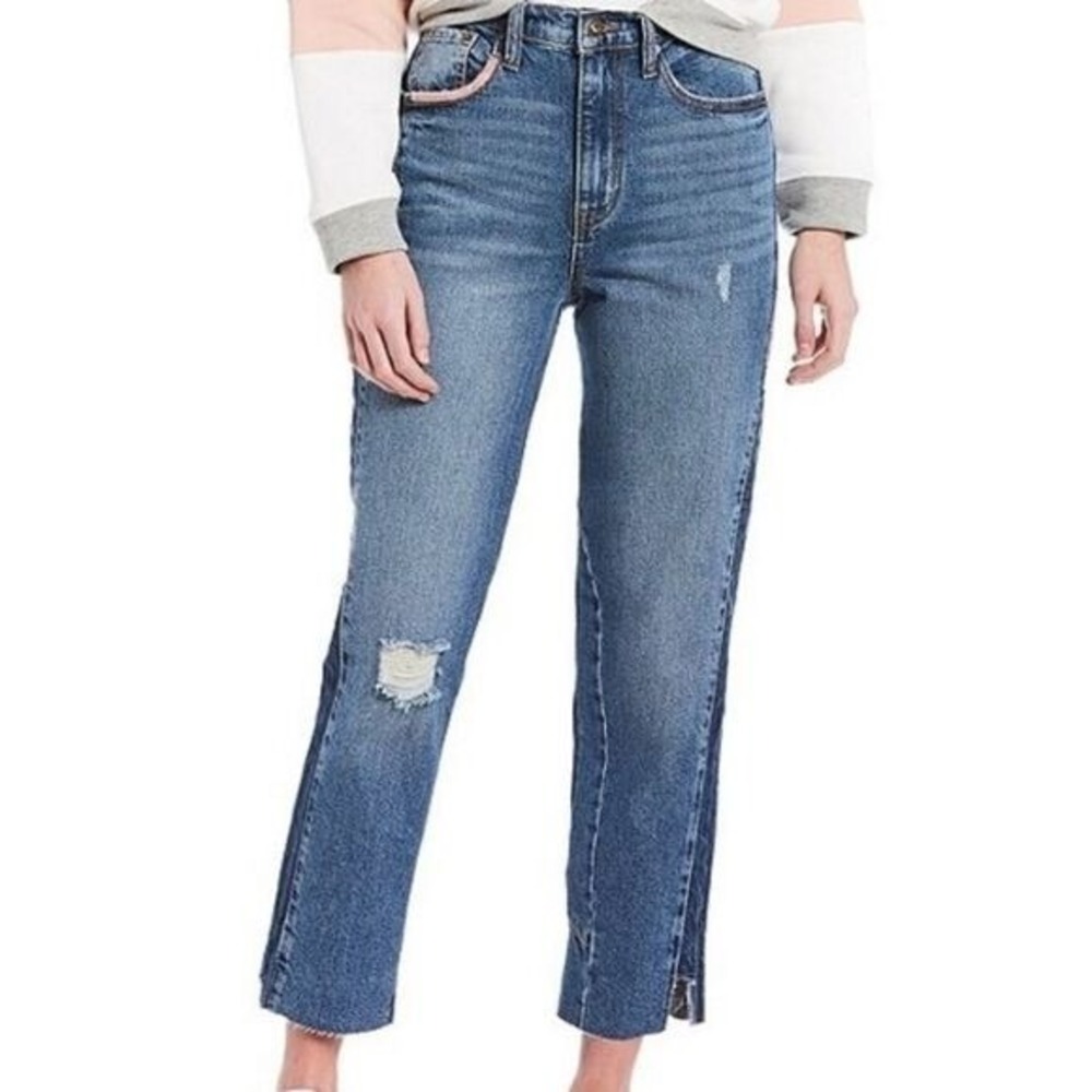 Ella Moss High Waist Straight Ankle Jeans Two Tone‎ Distressed Blue Pink Trim 29